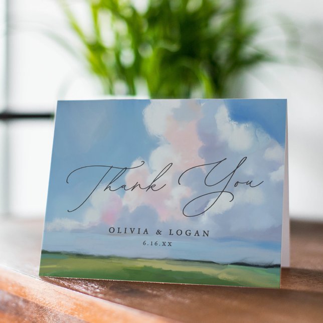 Elegant Painted Landscape Blue Sky Clouds Wedding Letterpress Thank You Card (Creator Uploaded)