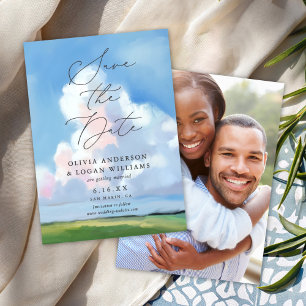 Elegant Painted Landscape Blue Sky Clouds Wedding Save The Date