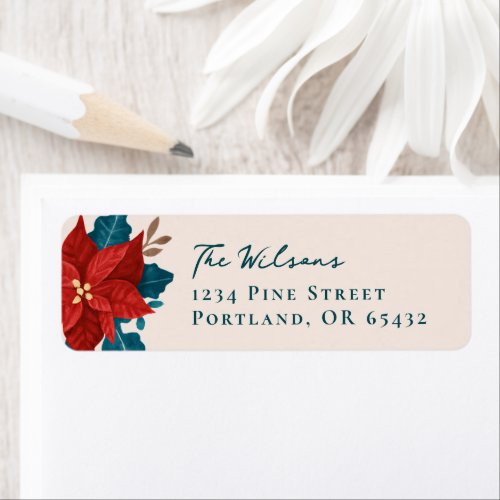 Elegant Painted Poinsettia Christmas Return Label