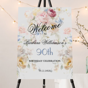 Elegant Painted Rose Floral 90th Birthday Welcome Foam Board