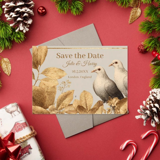 Elegant Pair of Doves with Gold Leaf Save the Date (Insitu (Holiday))