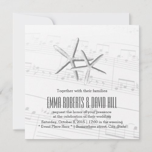 Elegant Pair of Starfish Musical Wedding 5.25x5.25 Square Paper Invitation Card