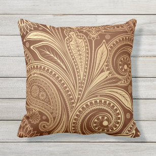 Elegant Paisley Botanical Pattern Rust Gold Outdoor Pillow