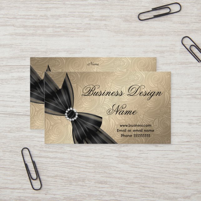 Elegant Paisley Brown Gold Black Diamond Bow Business Card (Front/Back In Situ)