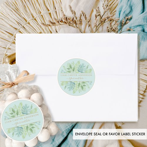 Elegant Pale Blue and Green Watercolor Greenery Classic Round Sticker