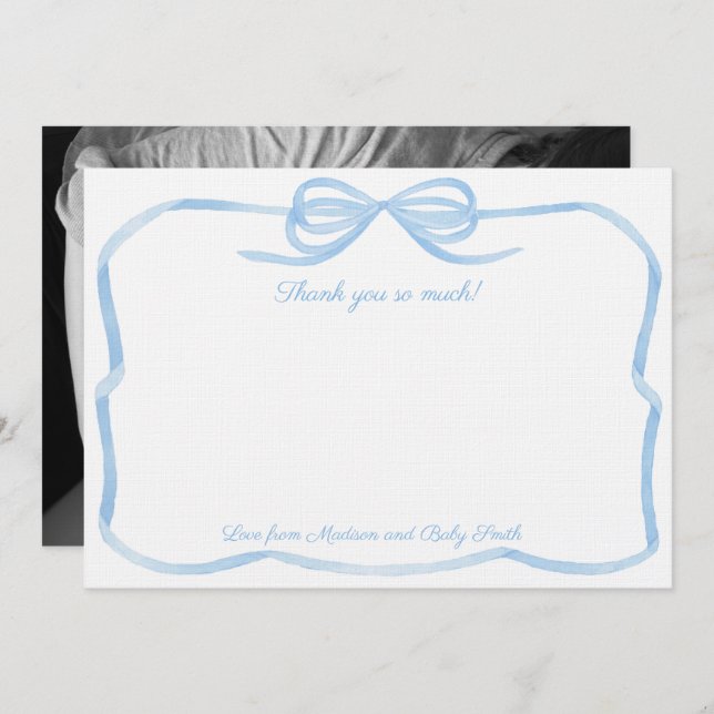 Elegant Pale Blue Bow Boy Baby Shower Photo Thank You Card (Front/Back)