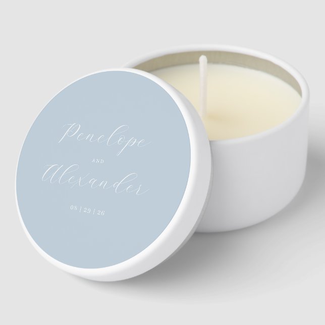 Elegant Pale Blue Calligraphy Mini Candle Favors (Corner)