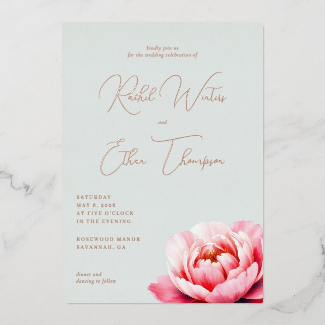 Elegant Pale Blue Floral Foil Invitation (Front)