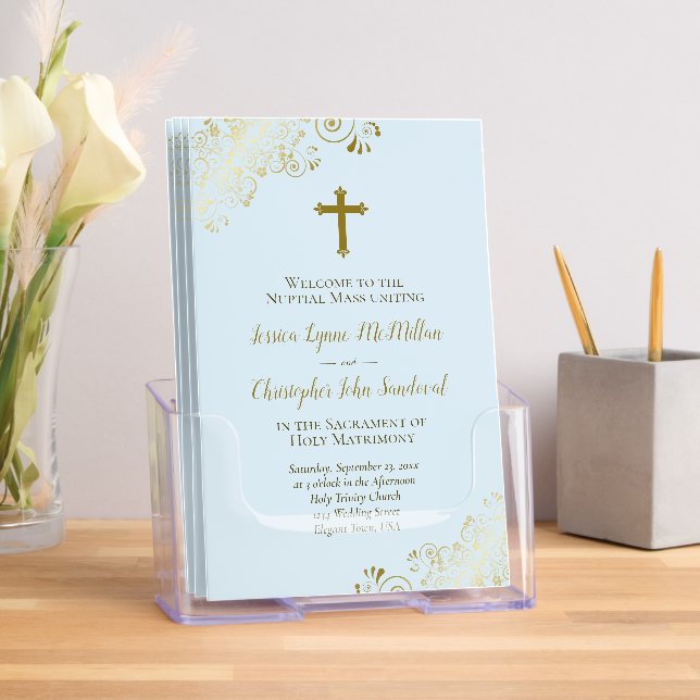 Elegant Pale Blue & Gold Catholic Wedding Program Brochure (Insitu)