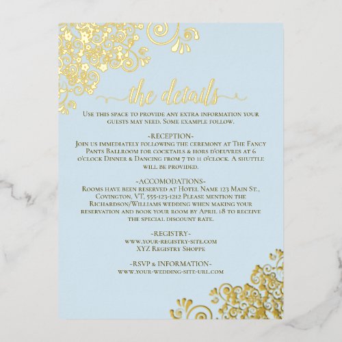 Elegant Pale Blue &amp; Gold Foil Wedding Details Card