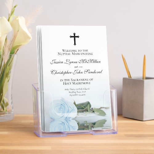 Elegant Pale Blue Rose Catholic Wedding Program Brochure