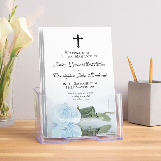 Elegant Pale Blue Rose Catholic Wedding Program Brochure (Insitu)