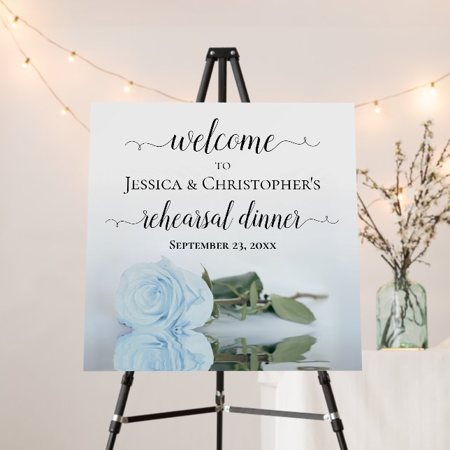 Elegant Pale Blue Rose Rehearsal Dinner Welcome Foam Board (In Situ (Stand))