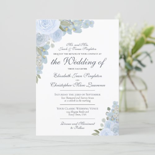 Elegant Pale Blue Watercolor Floral Formal Wedding Invitation