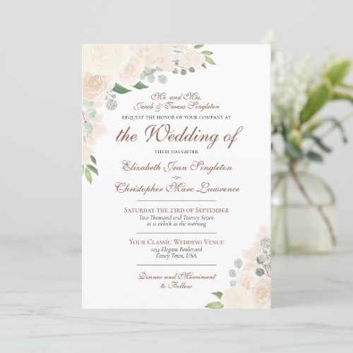 Elegant Pale Blush Peach Floral Formal Wedding Invitation