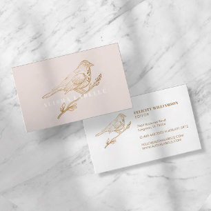 Elegant Pale Blush Pink & Gold Perched Bird Business Card