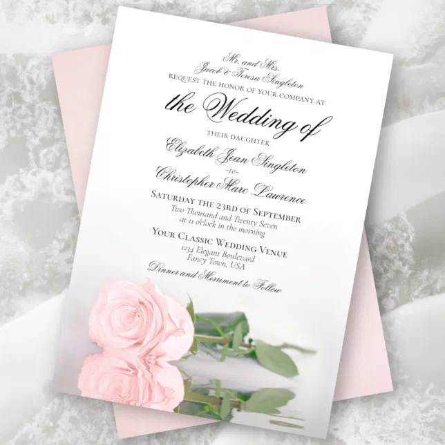 Elegant Pale Blush Pink Rose Formal Wedding Invitation | Zazzle