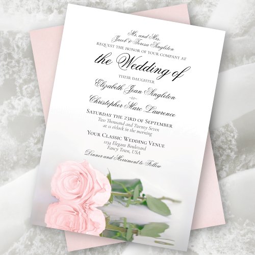 Elegant Pale Blush Pink Rose Formal Wedding Invitation