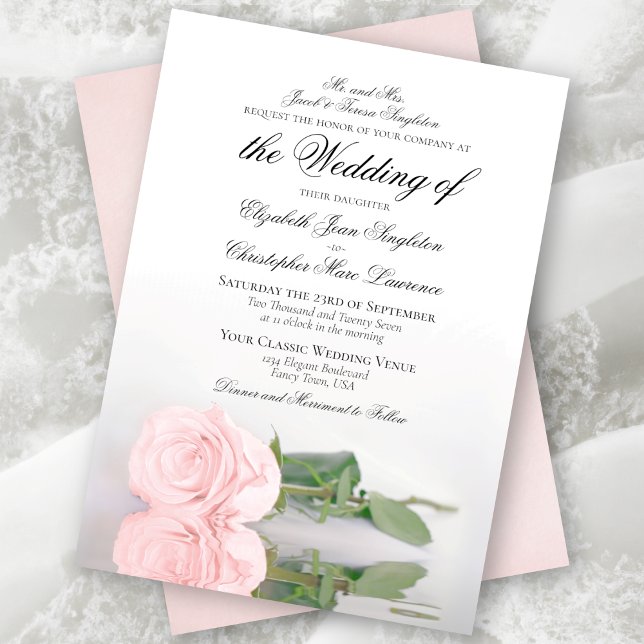 Elegant Pale Blush Pink Rose Formal Wedding Invitation (Creator Uploaded)