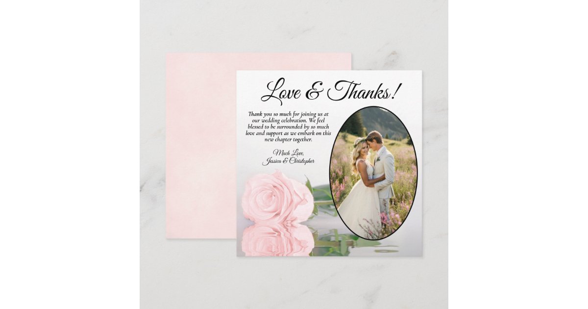 Elegant Pale Blush Pink Rose Oval Photo Wedding Thank You Card | Zazzle