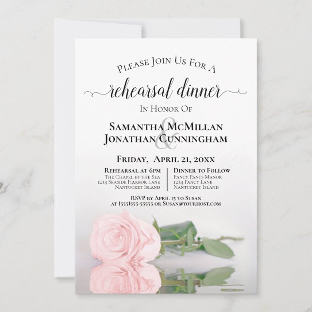 Elegant Pale Blush Pink Rose Wedding Rehearsal Invitation (Front)