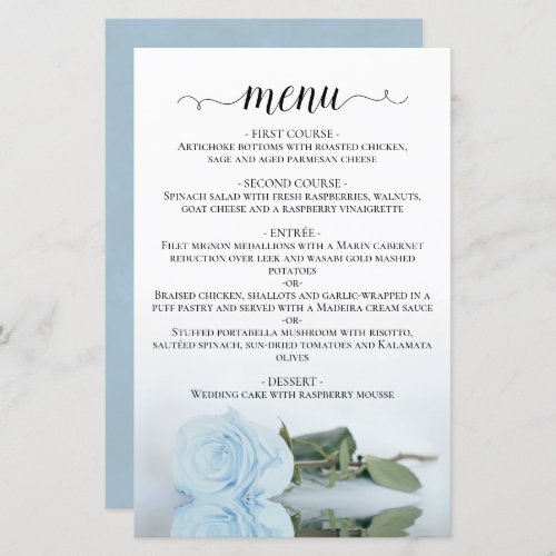Elegant Pale Dusty Blue Rose Budget Wedding Menu