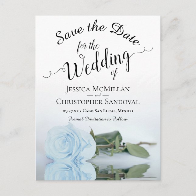 Elegant Pale Dusty Blue Rose Wedding Save the Date Announcement Postcard (Front)