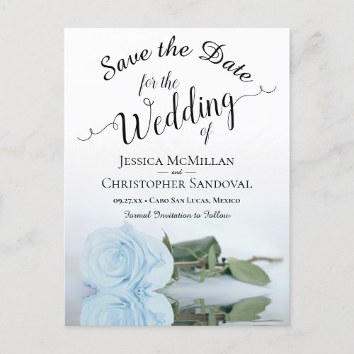 Elegant Pale Dusty Blue Rose Wedding Save the Date Announcement Postcard