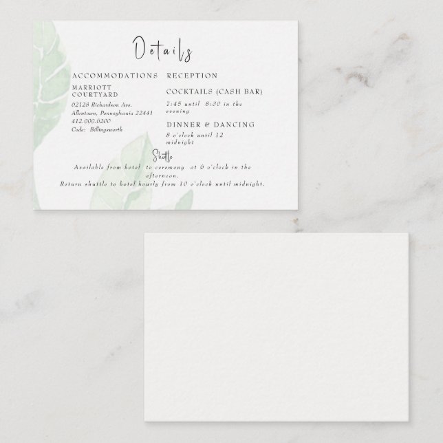 Elegant Pale Foliage Cash Bar & Shuttle Cream Encl Enclosure Card (Front/Back)