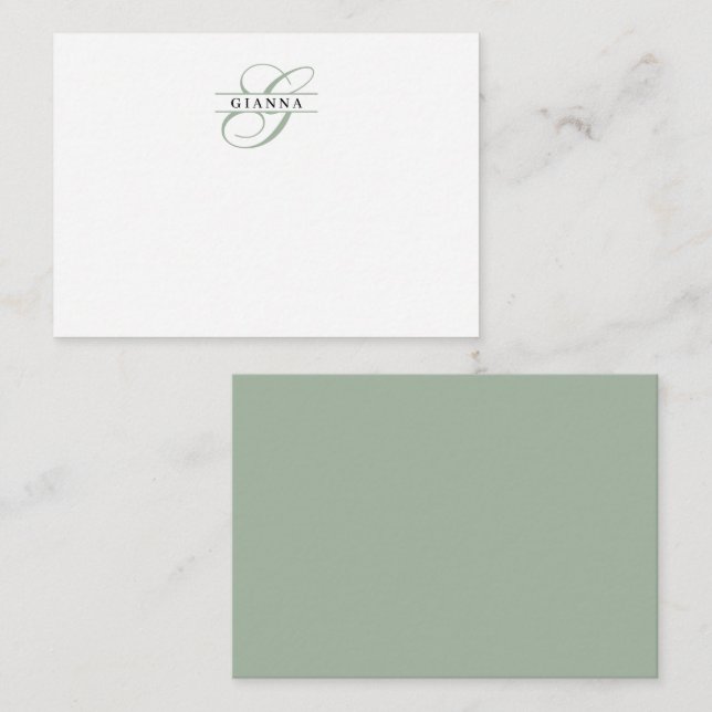 Elegant Pale Green Calligraphy Split Monogram Note Card (Front/Back)