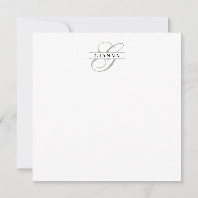 Elegant Pale Green Calligraphy Split Monogram Note Card (Front)