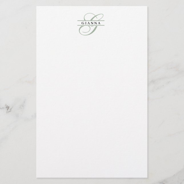 Elegant Pale Green Calligraphy Split Monogram Stationery (Front)