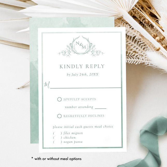 Elegant Pale Green Monogram and Watercolor RSVP (Creator Uploaded)