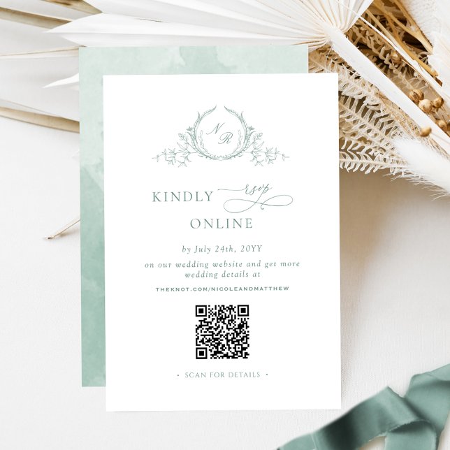 Elegant Pale Green Monogram RSVP Online QR Code  Enclosure Card (Creator Uploaded)