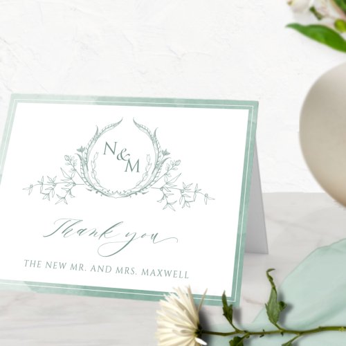 Elegant Pale Green Monogram Watercolor Wedding Thank You Card