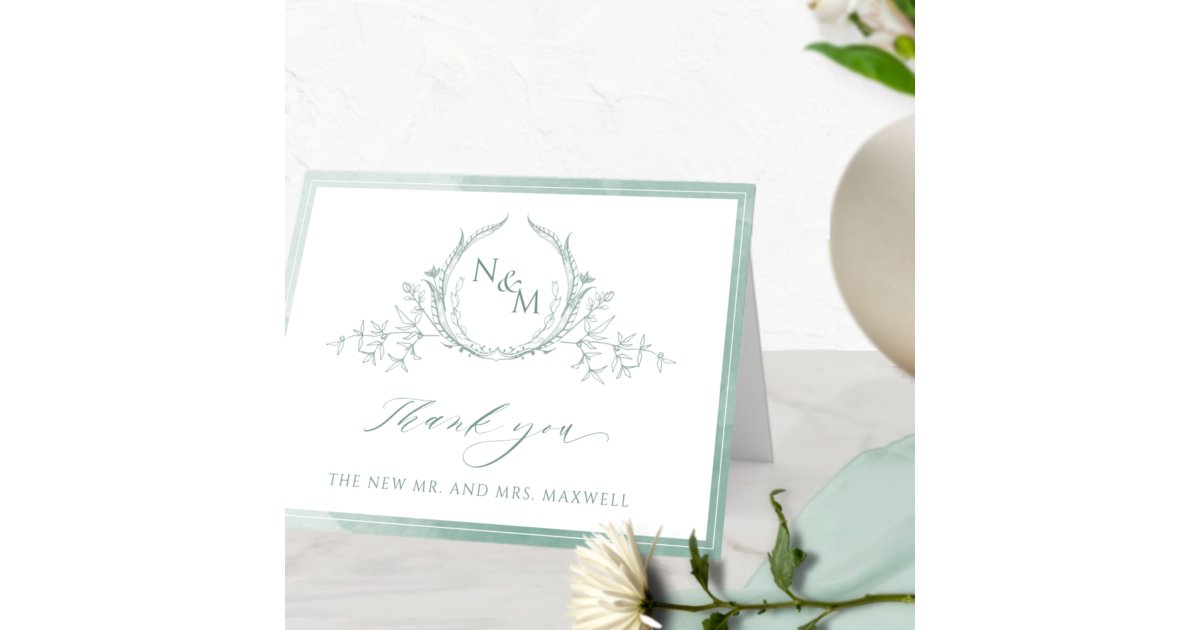 Elegant Pale Green Monogram, Watercolor Wedding Thank You Card | Zazzle