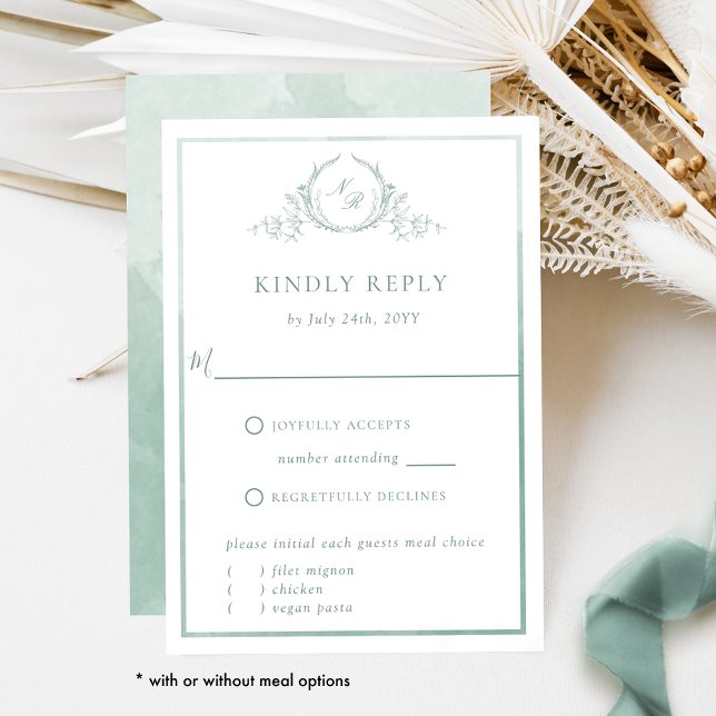 Elegant Pale Green Monogram with Watercolor RSVP (Creator Uploaded)