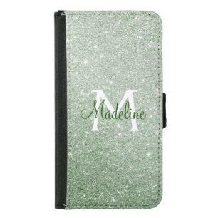 Elegant Pale Green Sparkly Glitter Monogrammed Samsung Galaxy S5 Wallet Case