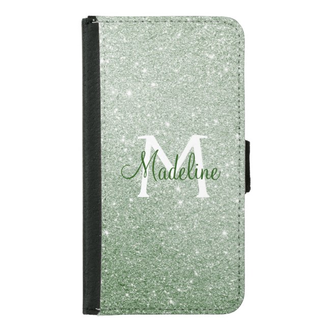  Elegant Pale Green Sparkly Glitter Monogrammed  Samsung Galaxy Wallet Case (Front)
