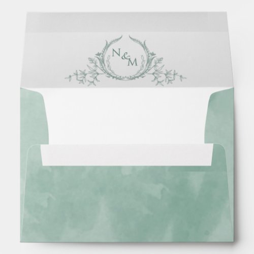 Elegant Pale Green Watercolor Monogram Wedding  Envelope