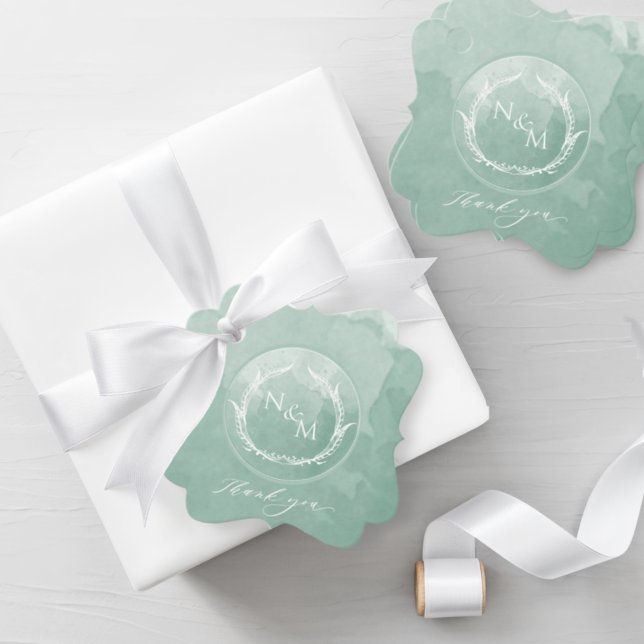 Elegant Pale Green Watercolor Monogram Wedding Favor Tags (Creator Uploaded)