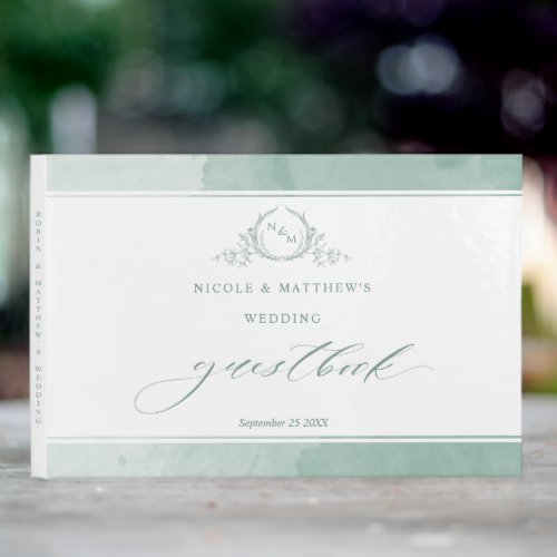 Elegant Pale Green Watercolor Monogram Wedding Guest Book