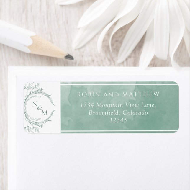 Elegant Pale Green Watercolor Monogram Wedding Label (Insitu)