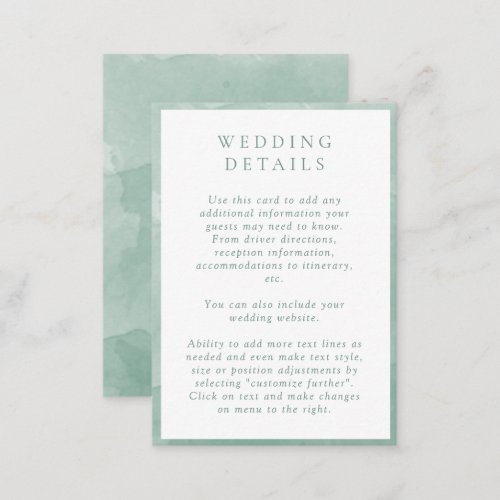 Elegant Pale Green Watercolor Wedding Details Enclosure Card