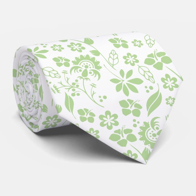 Elegant Pale Lime Green and White Tropical Flowers Neck Tie (Rolled)