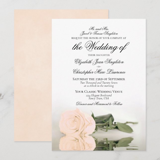 Elegant Pale Orange or Peach Rose Formal Wedding Invitation (Front/Back)