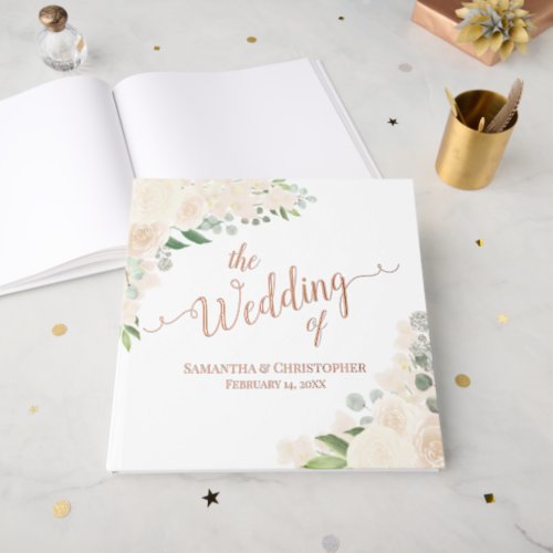 Elegant Pale Peach Boho Floral Foil Wedding Foil Guest Book