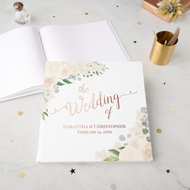 Elegant Pale Peach Boho Floral Foil Wedding Guest Book (Front Open)