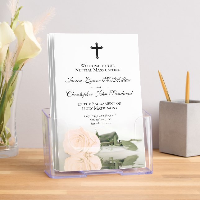 Elegant Pale Peach Rose Catholic Wedding Program Brochure (Insitu)