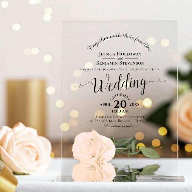 Elegant Pale Peach Rose Lacy Calligraphy Wedding Acrylic Invitations (Clear Acrylic with Rectangle Cut)